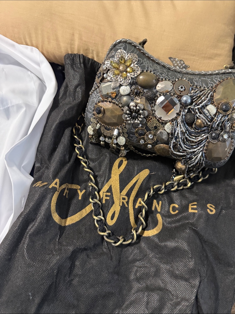 Mary Frances Gray Beaded Embellished Evening Clutch with Gold Accents